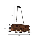Retro Style 5-Light Kitchen Chandelier: Rectangle Design with Light Wood and Metal, Lantern Shade, Brown Hangin